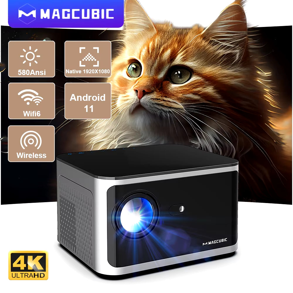 4K Smart Projector with Android 11, 580 ANSI Lumens, 1920x1080P Full HD, WiFi 6, Bluetooth 5.0, Allwinner H713, Voice Control for Home Cinema Theater